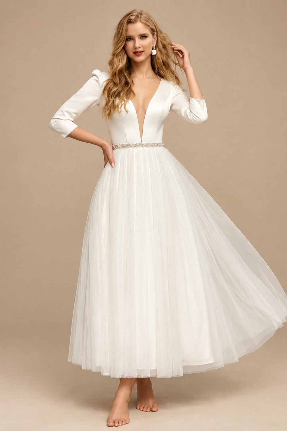 Rutipo Ivory Short Simple Wedding Dresses With Sleeves