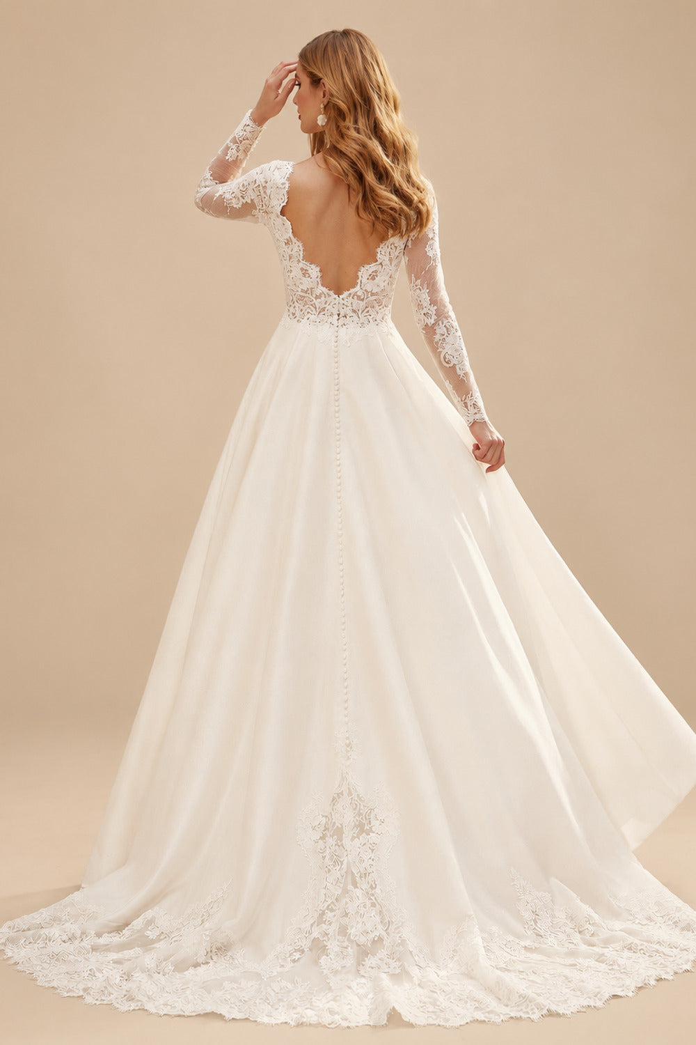 Rutipo Ivory Long Sleeves Lace Ball-Gown Wedding Dresses With Satin
