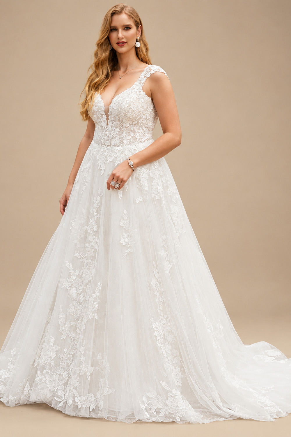 Rutipo Ivory Bohemian V-Neck Bridal Gown With Illusion Back