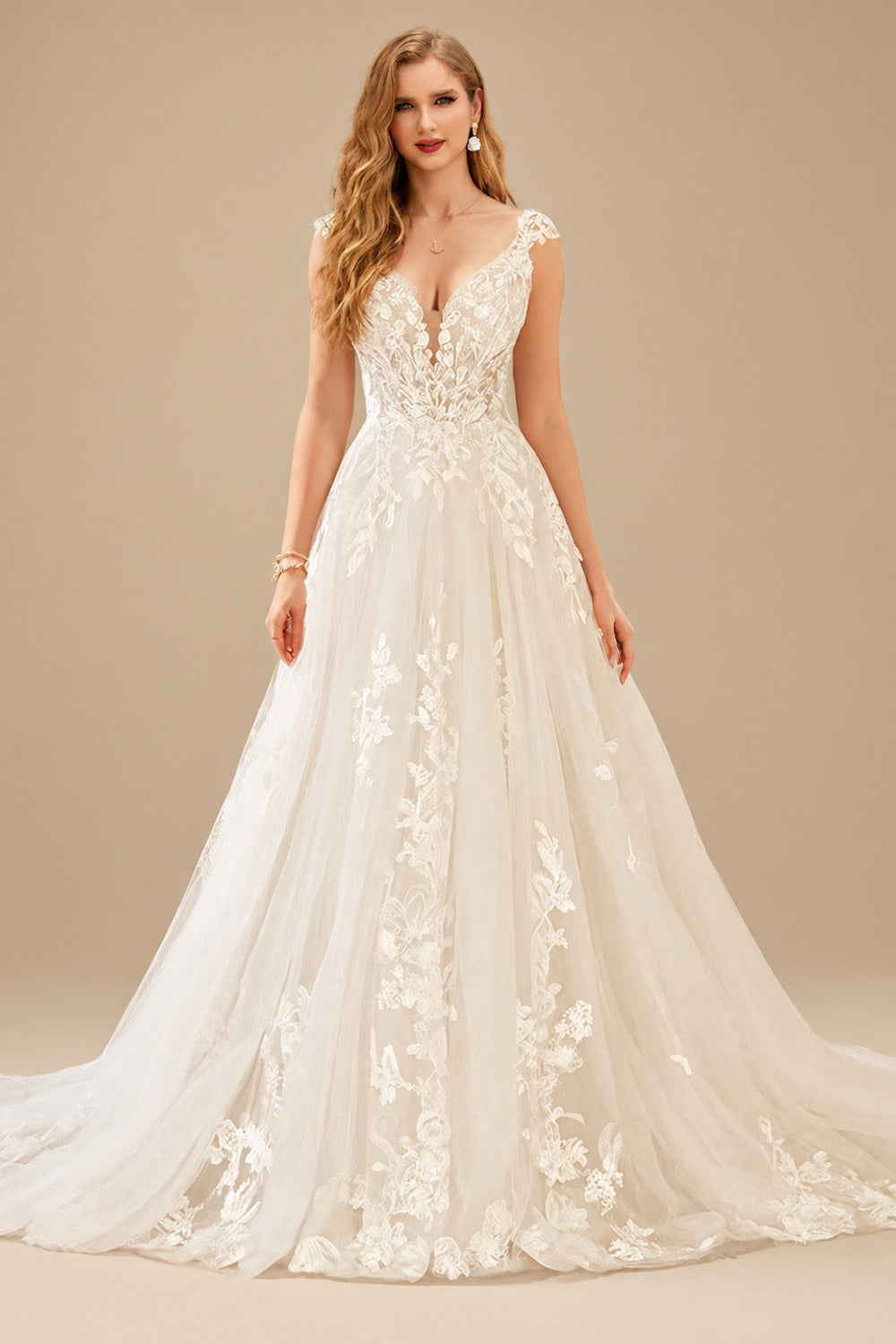 Rutipo Ivory Bohemian V-Neck Bridal Gown With Illusion Back