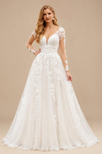 Rutipo Ivory Hole Back A-Line Wedding Dress With Illusion Long Sleeves