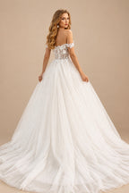 Rutipo Ivory Boho Lace Princess Off-The-Shoulder Wedding Dresses With Tulle