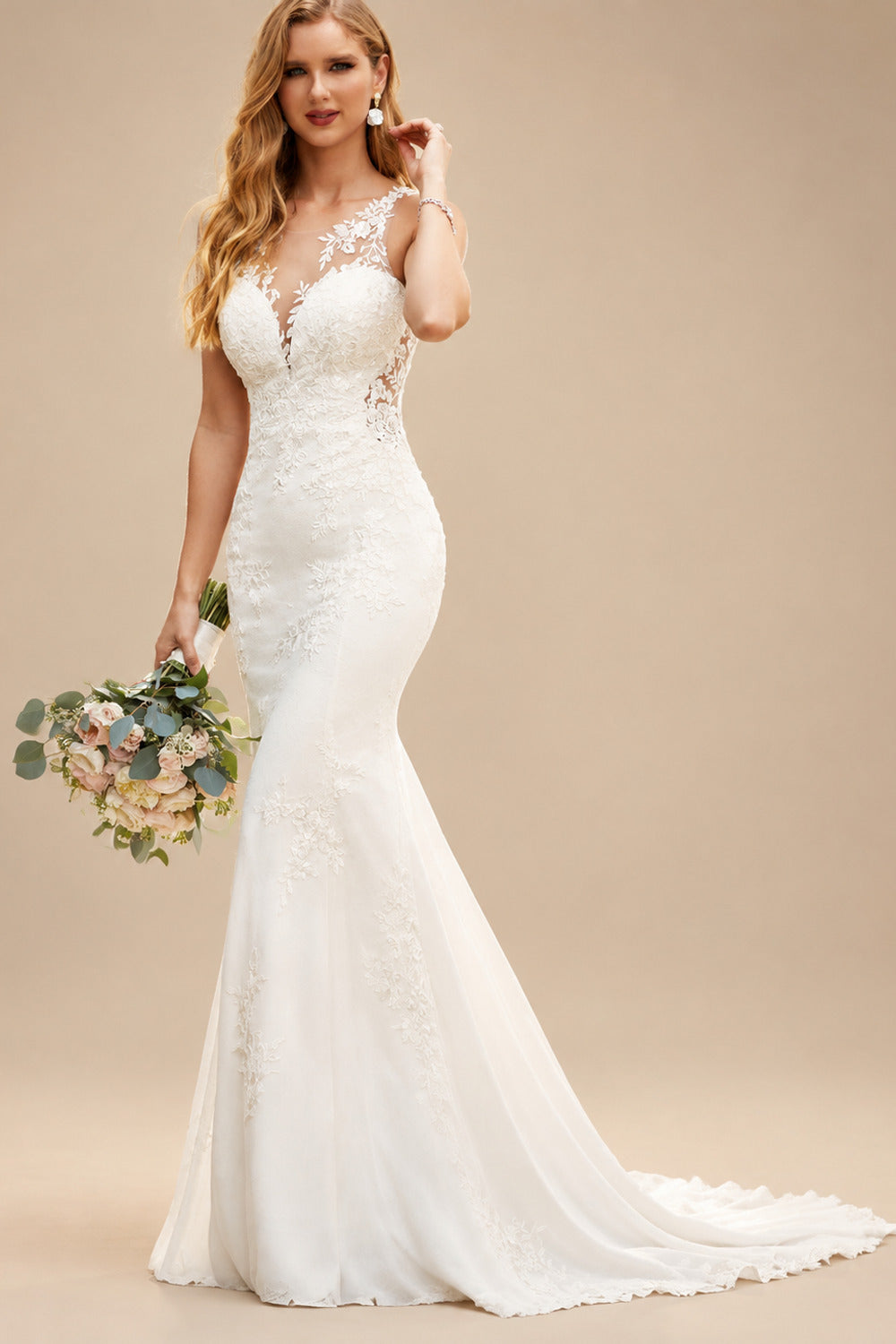 Rutipo Ivory Lace Mermaid Back Hole Wedding Dresses