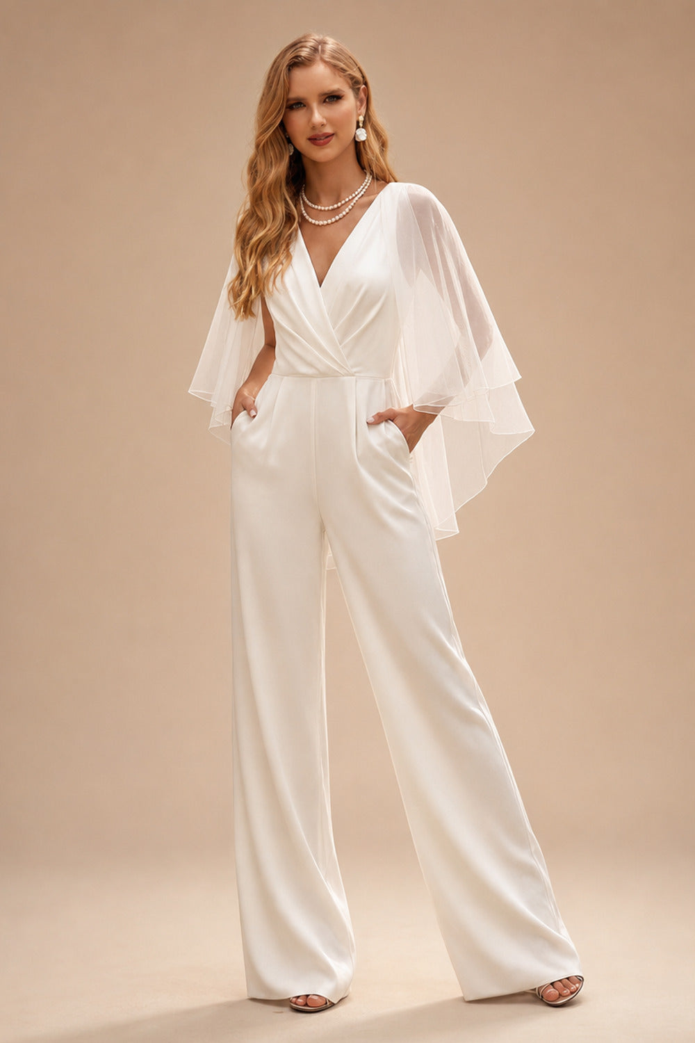 Rutipo Ivory Jumpsuit/Pantsuit Silk Modern Wedding Dresses With Pockets