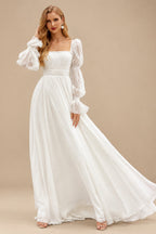 Rutipo Ivory A-Line Square Neckline Long Sleeves Wedding Dress