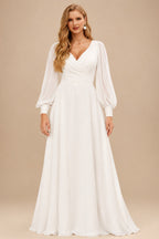 Rutipo Ivory Simple Long Sleeves V-Neck Wedding Dresses