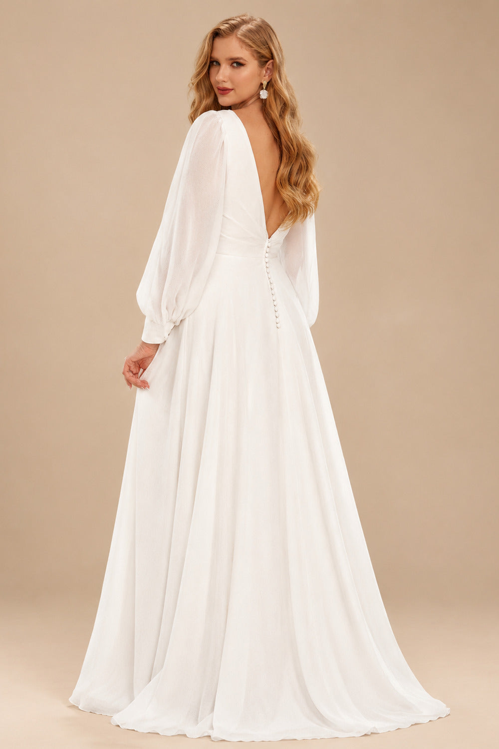 Rutipo Ivory Simple Long Sleeves V-Neck Wedding Dresses