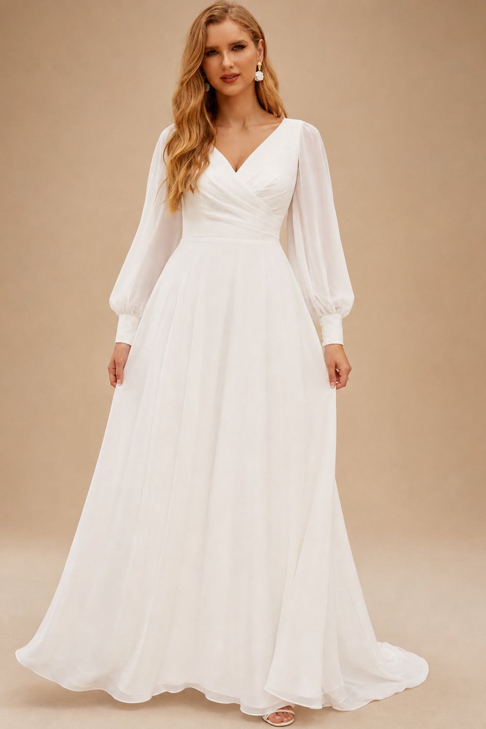 Rutipo Ivory Simple Long Sleeves V-Neck Wedding Dresses