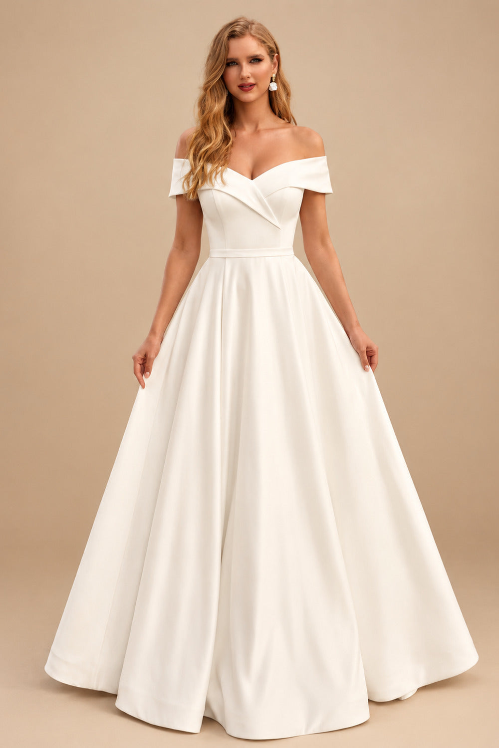 Rutipo Ivory Simple Off-The-Shoulder Ball-Gown Wedding Dresses
