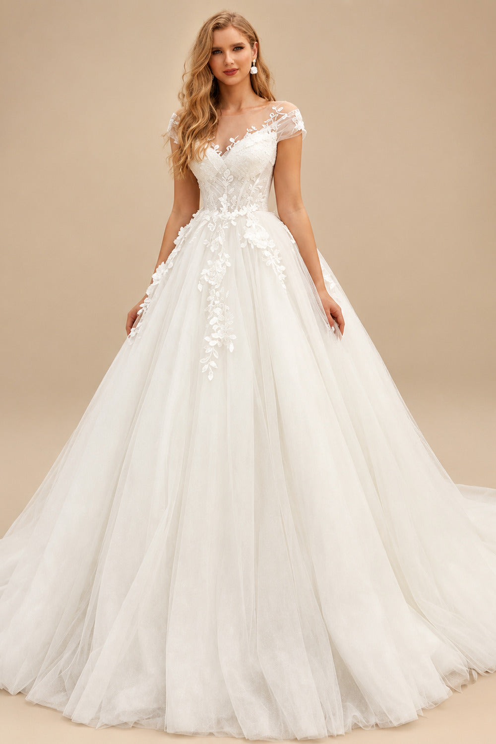 Rutipo Ivory Ball-Gown Tulle Lace Short Sleeves Sweep Train Wedding Dresses
