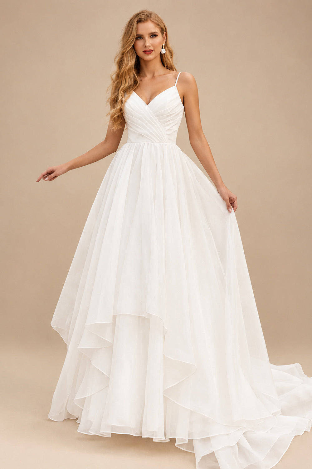 Rutipo Ivory Ball-Gown V-Neck Sleeveless Chapel Train Organza Wedding Dresses With Ruffle