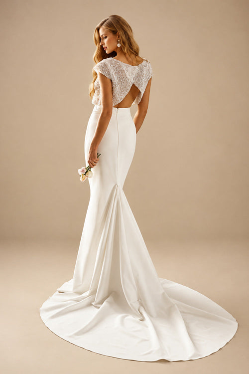 Rutipo Ivory 2Pcs Mermaid Scoop Neck Short sleeves Wedding Dress