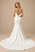 Rutipo Ivory Sheath/Column Open Back V-Neck Sleeveless Court Train Wedding Dresses