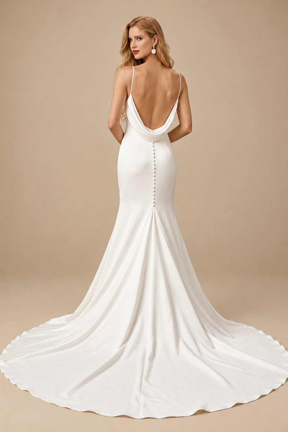 Rutipo Ivory Sheath/Column Open Back V-Neck Sleeveless Court Train Wedding Dresses