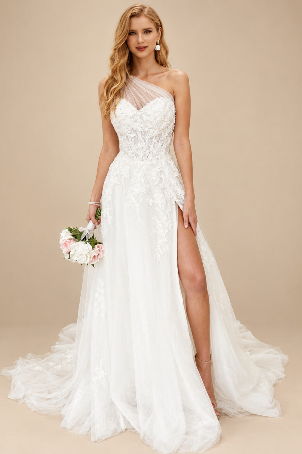 Rutipo Ivory Boho One-Shoulder Lace/Tulle Wedding Dresses With Sequins