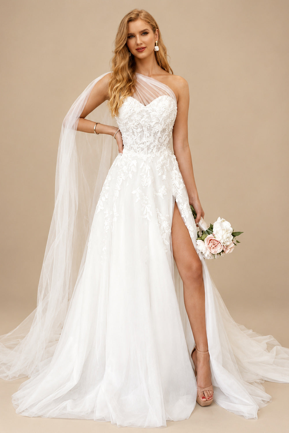 Rutipo Ivory Boho One-Shoulder Lace/Tulle Wedding Dresses With Sequins