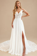 Rutipo Ivory Boho Lace Open Back Wedding Dresses With Slit
