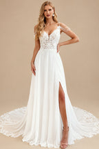 Rutipo Ivory Boho Lace Open Back Wedding Dresses With Slit