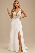 Rutipo Ivory Boho Lace Slit Wedding Dresses With A-Line Chiffon
