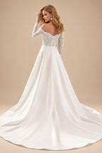 Rutipo Ivory Ball-Gown Classic Lace Long Sleeves Wedding Dresses With Satin
