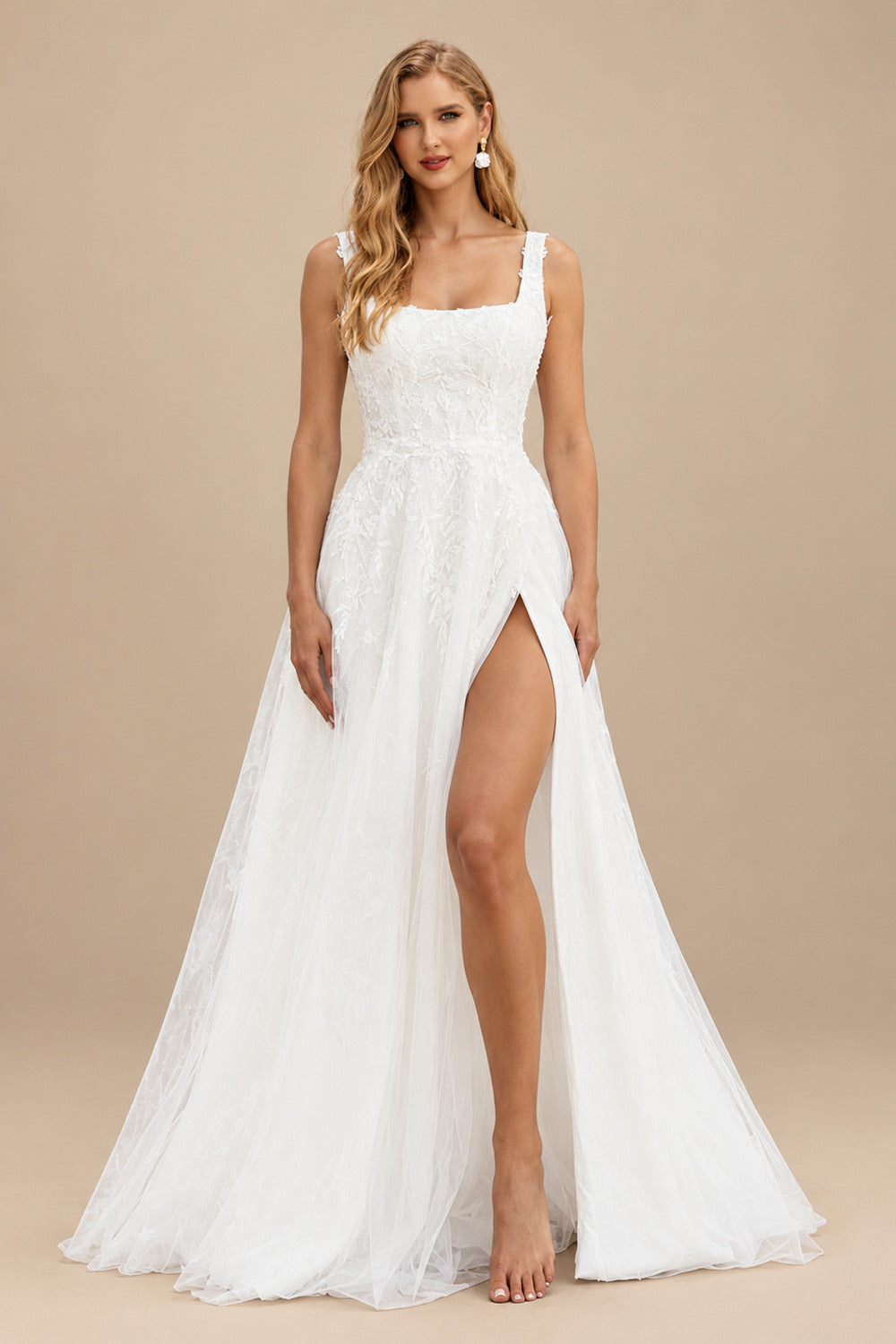 Rutipo Ivory A-Line Square Neckline Sleeveless Tulle Wedding Dresses With Appliques Lace