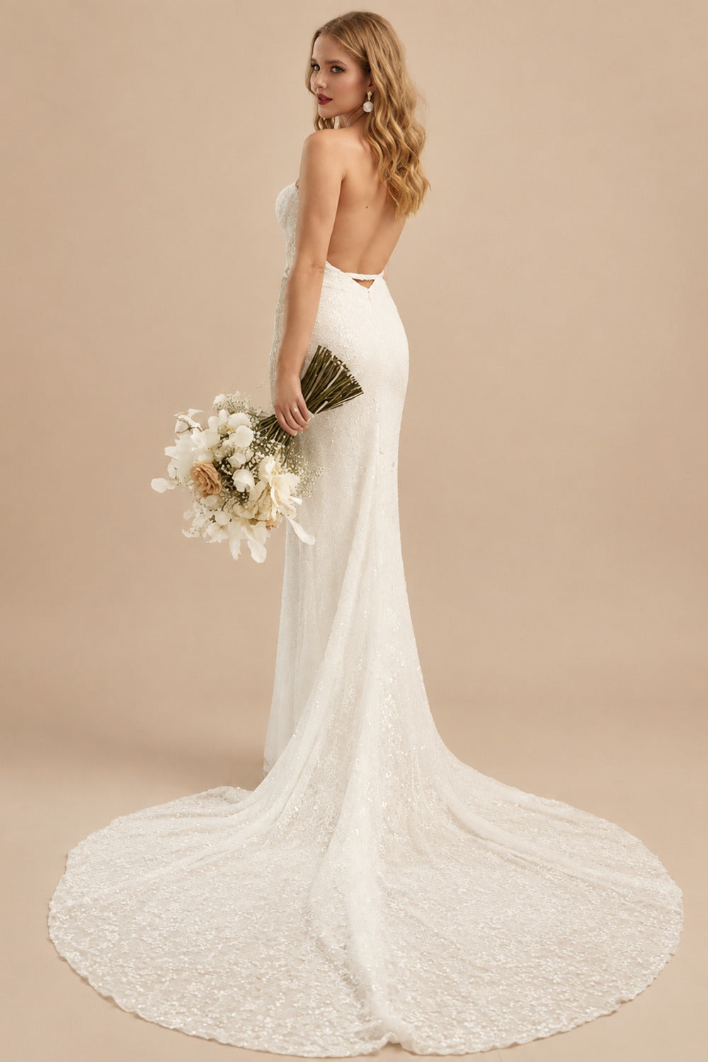 Rutipo Ivory Sexy Sparkly Backless Mermaid Wedding Dresses