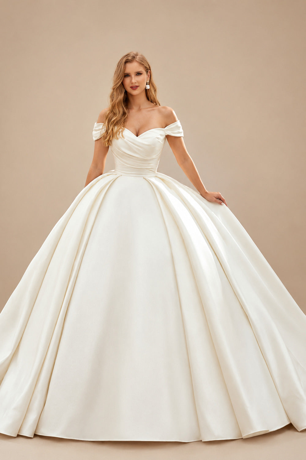 Rutipo Ivory Ball-Gown Off-The-Shoulder Luxury Satin Wedding Dresses With Ruffle