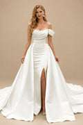 Rutipo Ivory Trumpet/Mermaid Off-The-Shoulder Sleeveless Satin/Sequined Wedding Dresses