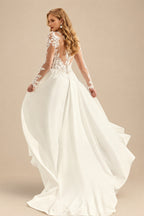 Rutipo Ivory A-Line V-Neck Long Sleeves Lace/Tulle Wedding Dresses With Split Front