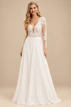 Rutipo Ivory A-Line V-Neck Long Sleeves Lace/Tulle Wedding Dresses With Split Front