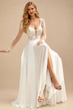 Rutipo Ivory A-Line V-Neck Long Sleeves Lace/Tulle Wedding Dresses With Split Front