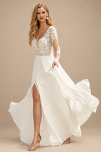 Rutipo Ivory A-Line V-Neck Long Sleeves Lace/Tulle Wedding Dresses With Split Front
