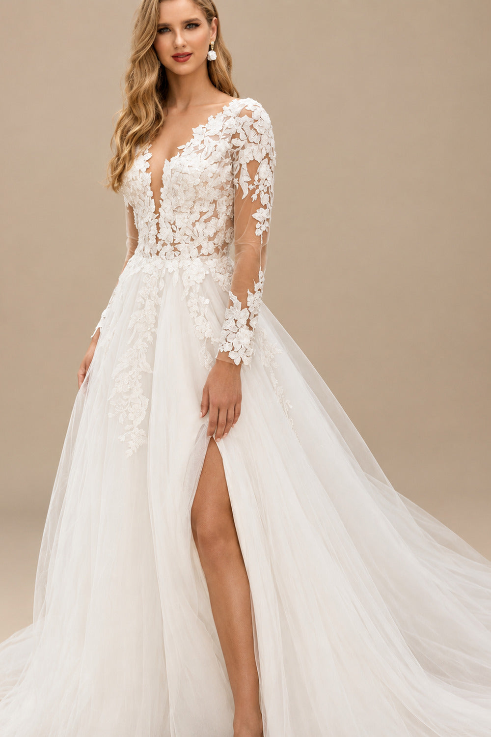 Rutipo Ivory Classic Princess Long Sleeves Lace Wedding Dresses