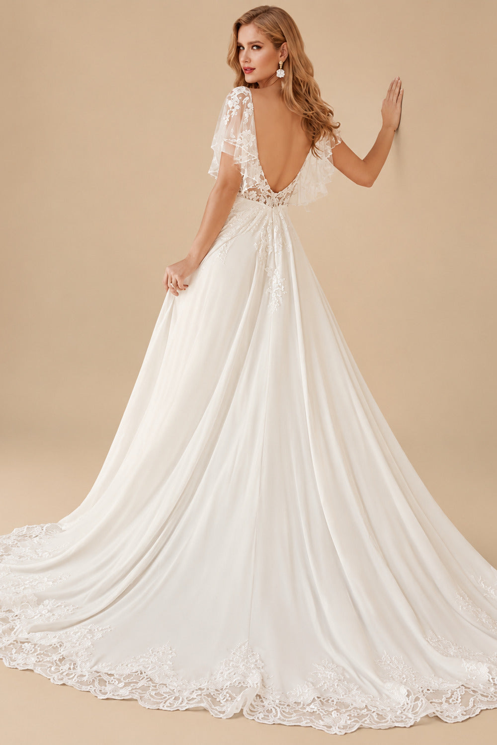 Rutipo Ivory A-Line V-Neck Elegant Lace/Tulle Stretch Chiffon Wedding Dresses With Removable Sleeves