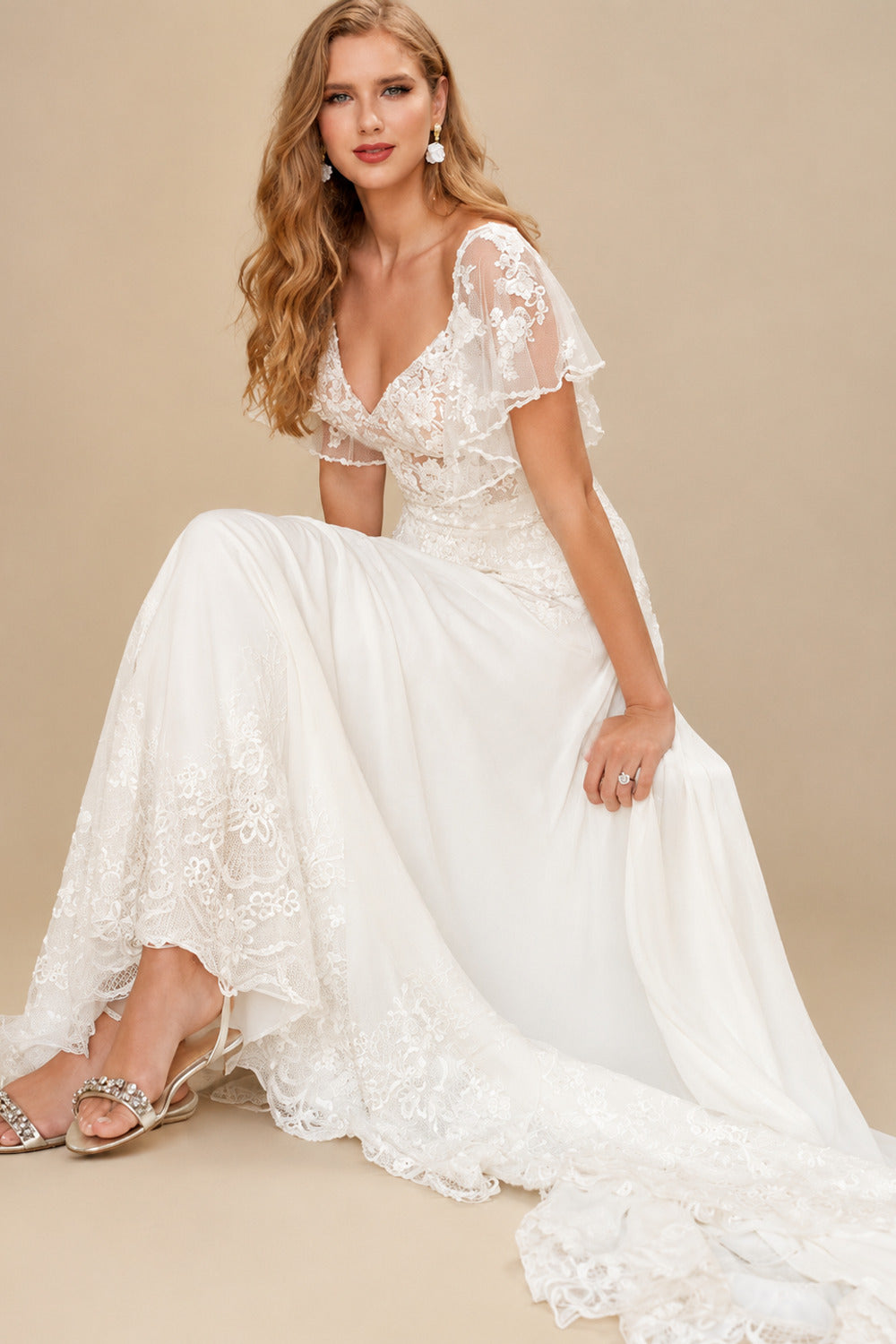Rutipo Ivory A-Line V-Neck Elegant Lace/Tulle Stretch Chiffon Wedding Dresses With Removable Sleeves
