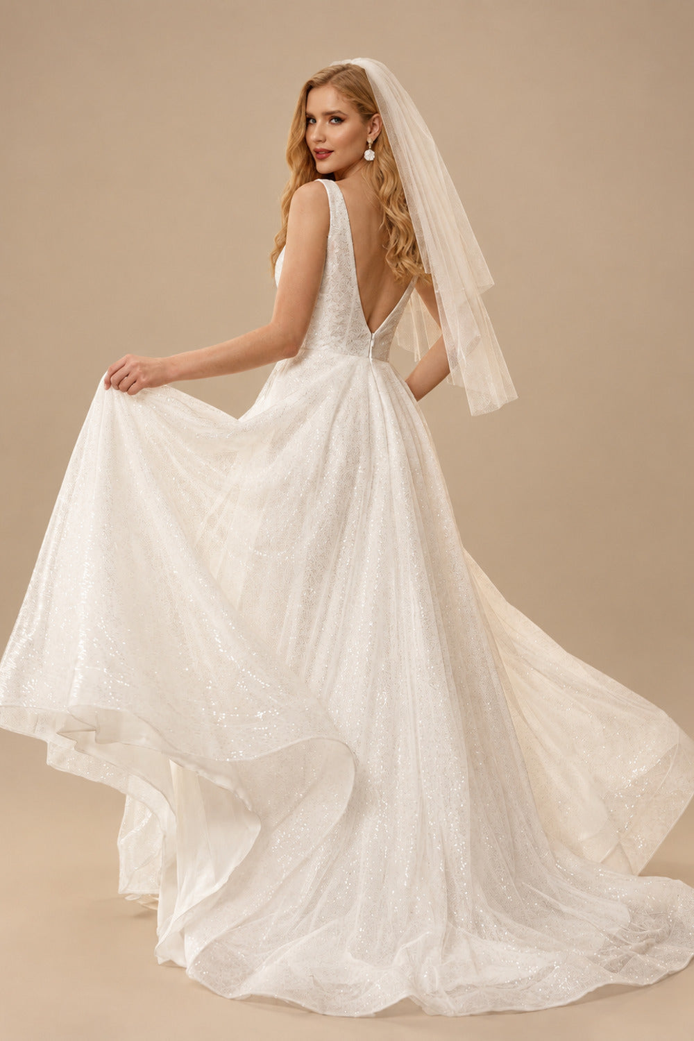 Rutipo Ivory Ball-Gown Sparkly Sequined Princess Open Back Wedding Dresses