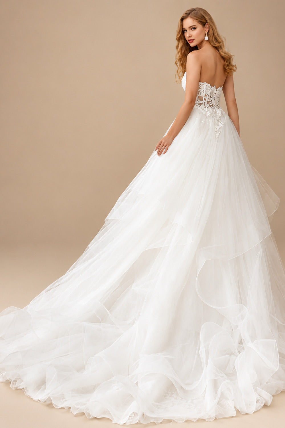 Rutipo Ivory Ball-Gown Sweetheart Lace/Tulle Wedding Dresses With Cascading Ruffles