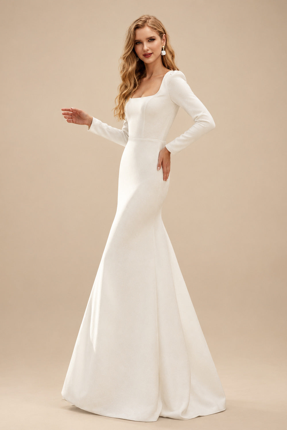 Rutipo Ivory Minimalist Long Sleeves Square Neckline Wedding Dresses