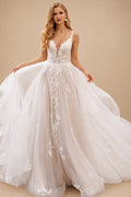 Rutipo As Picture Princess Lace V-Neck Backless Wedding Dresses With Cascading Ruffles