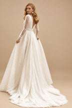 Rutipo Ivory Boho V-neck Long Sleeves Slit Wedding Dresses