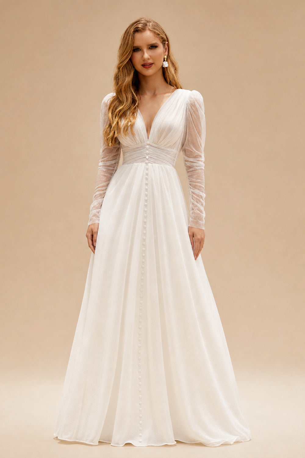 Rutipo Ivory Boho V-neck Long Sleeves Slit Wedding Dresses
