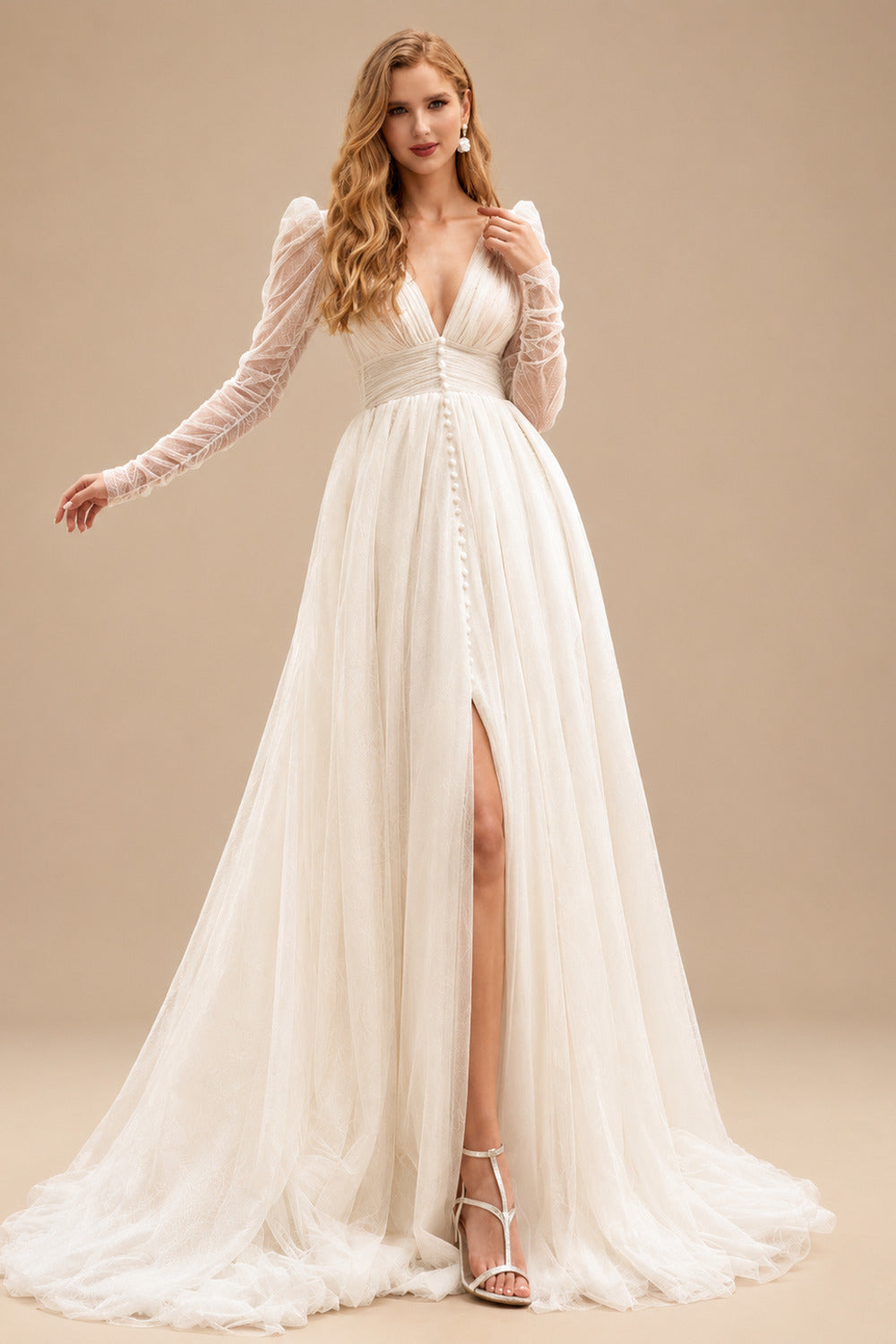 Rutipo Ivory Boho V-neck Long Sleeves Slit Wedding Dresses