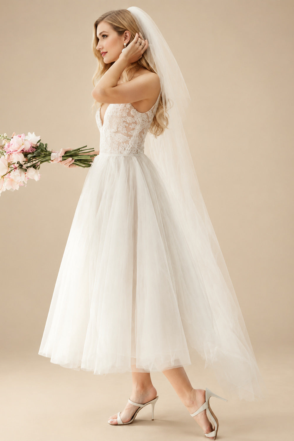 Rutipo Ivory Boho Reception Lace Tea-Length Backless Wedding Dresses