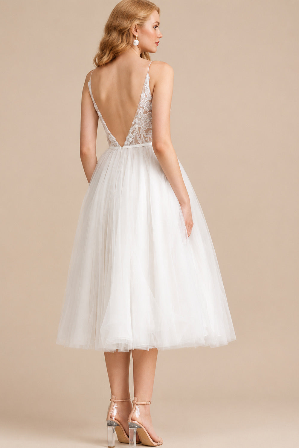 Rutipo Ivory Boho Reception Lace Tea-Length Backless Wedding Dresses