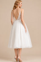 Rutipo Ivory Boho Reception Lace Tea-Length Backless Wedding Dresses