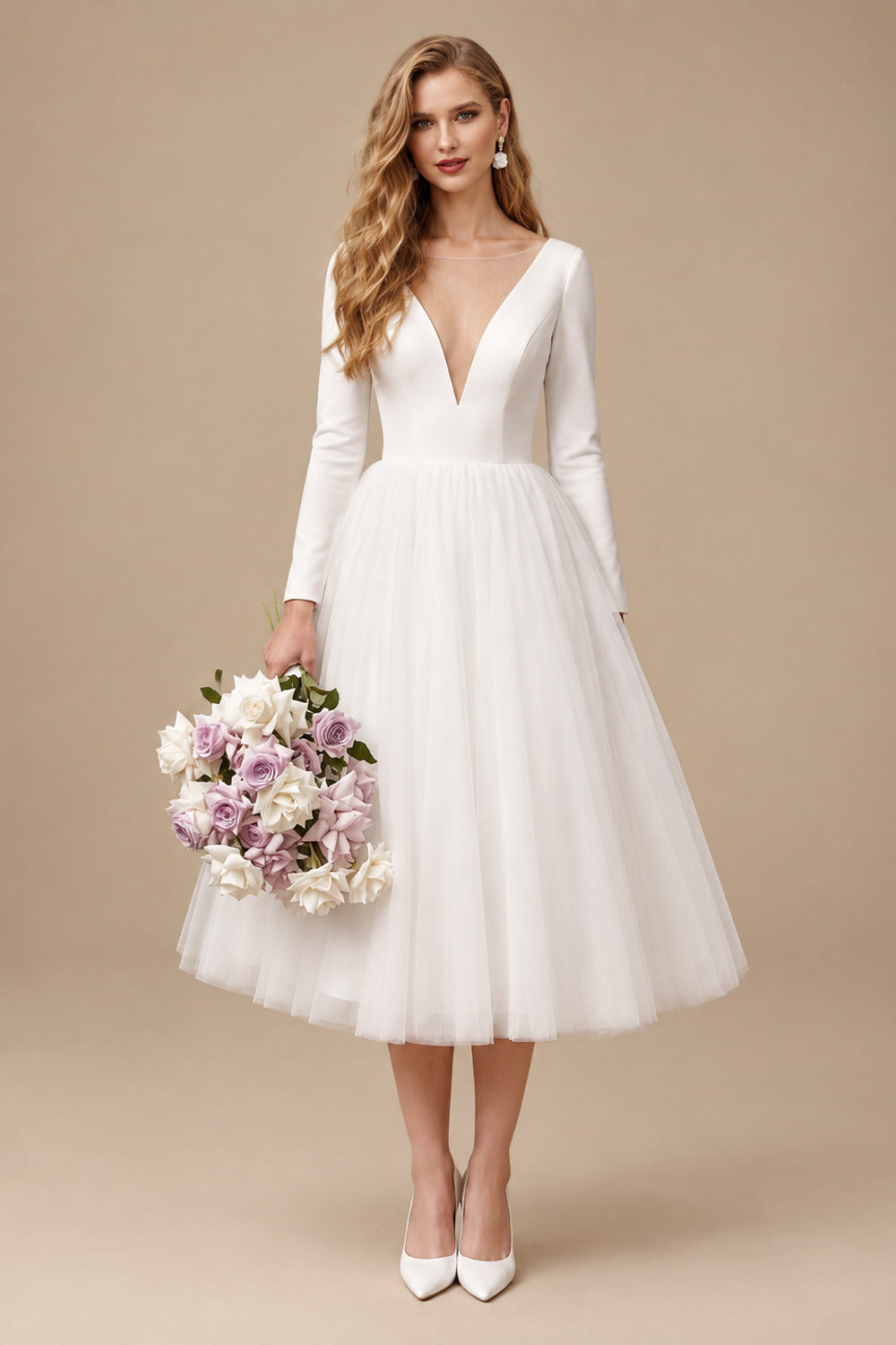 Rutipo Ivory A-Line Vintage Elastic Satin/Tulle Wedding Dresses With Deep V-Neck 3/4 Sleeves