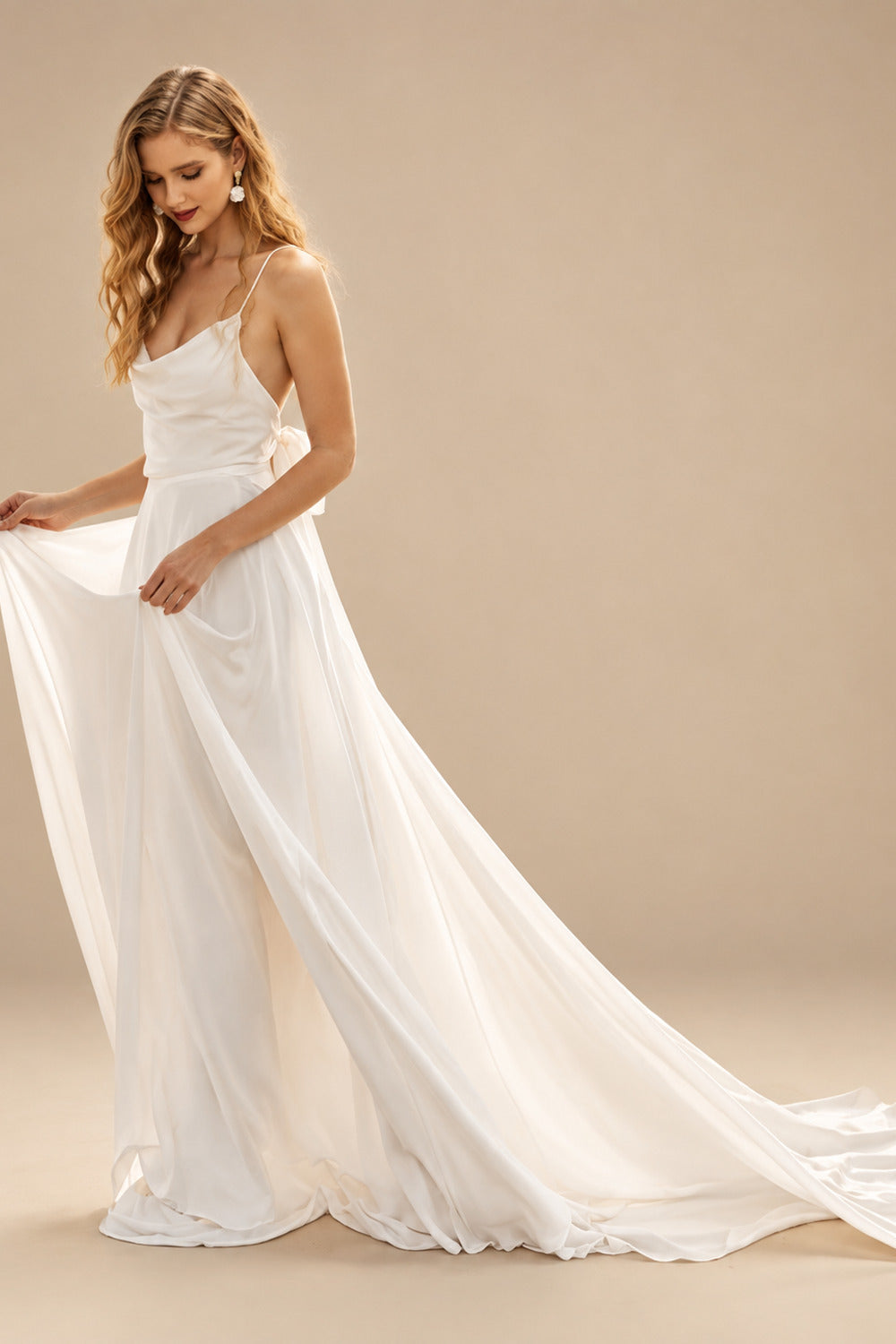 Rutipo Ivory Boho Open Back Cowl Neck A-Line Wedding Dresses With Silk Like Satin Sweep Train
