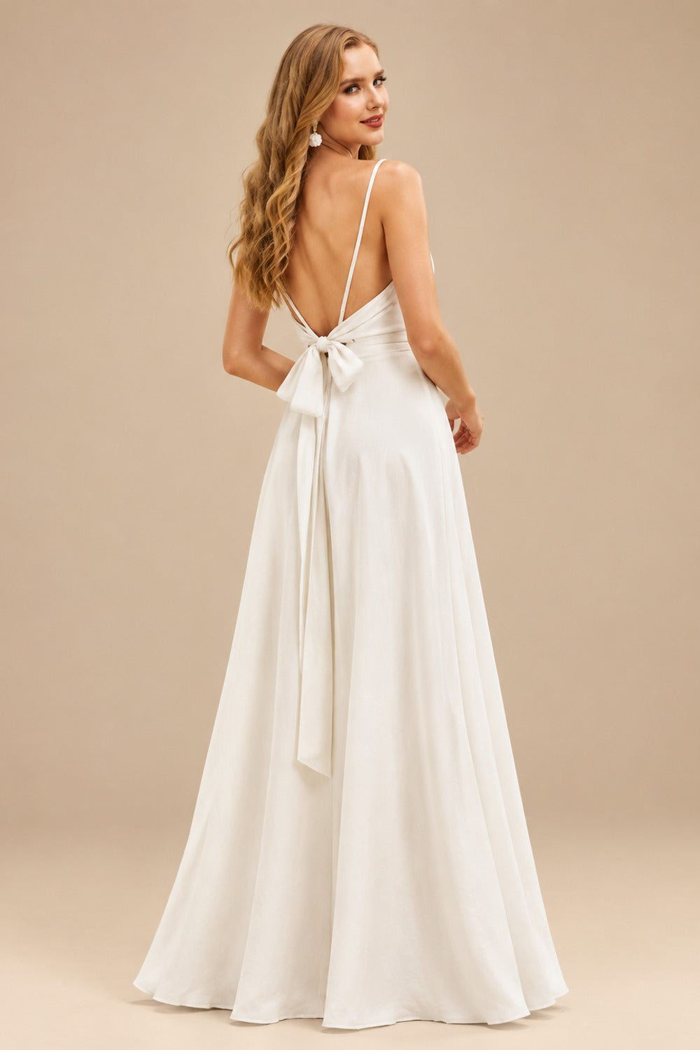 Rutipo Ivory Boho Open Back Cowl Neck A-Line Wedding Dresses With Silk Like Satin Sweep Train