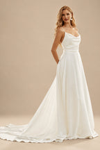 Rutipo Ivory Boho Open Back Cowl Neck A-Line Wedding Dresses With Silk Like Satin Sweep Train