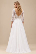 Rutipo As Picture A-Line V-Neck 3/4 Sleeves Vintage Tulle Wedding Dresses With Appliques Lace